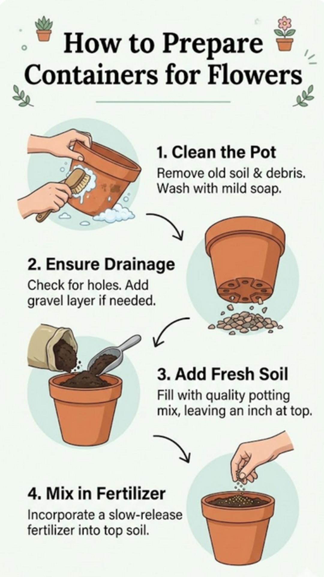 how to prepare pots for flower container gardening cheat sheet