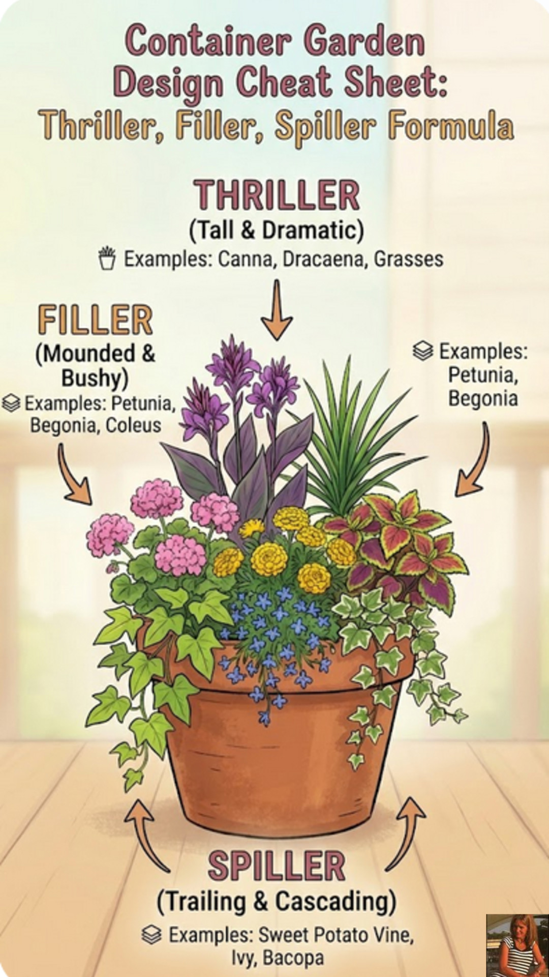 container garden design cheat sheet - thriller spiller filler formula